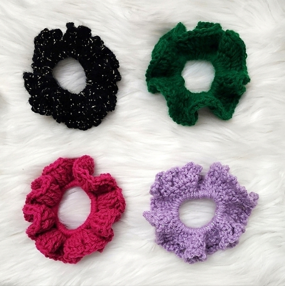 Handmade Textured Crocheted Scrunchies Ponytail Holder Hair Tie Set Of 4 - New - Picture 2 of 11